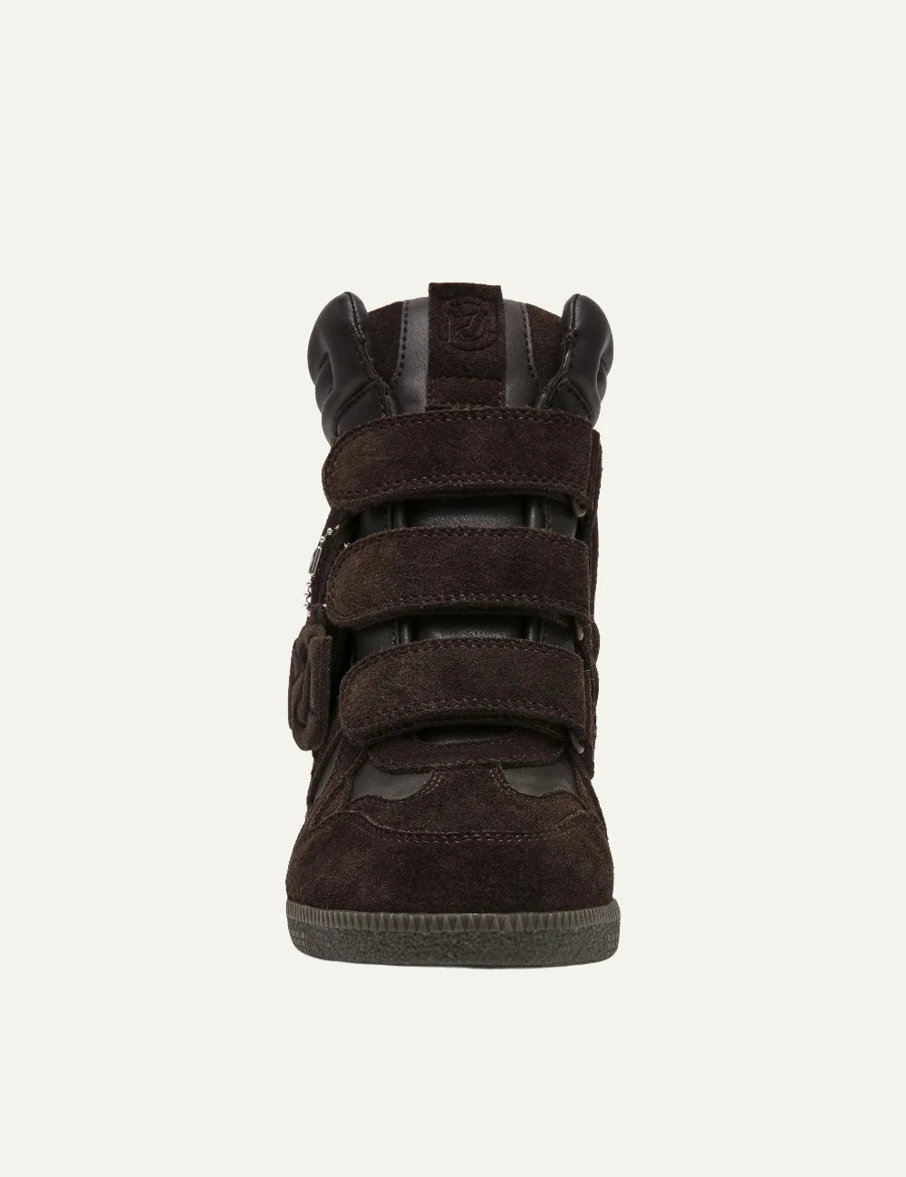 Steve Madden Mavis women's brown suede high-top wedge sneakers featuring three hook-and-loop straps, padded ankle collar, cutout suede overlays, dangling logo charm, concealed 2.5 cm wedge and textured rubber outsole, front view