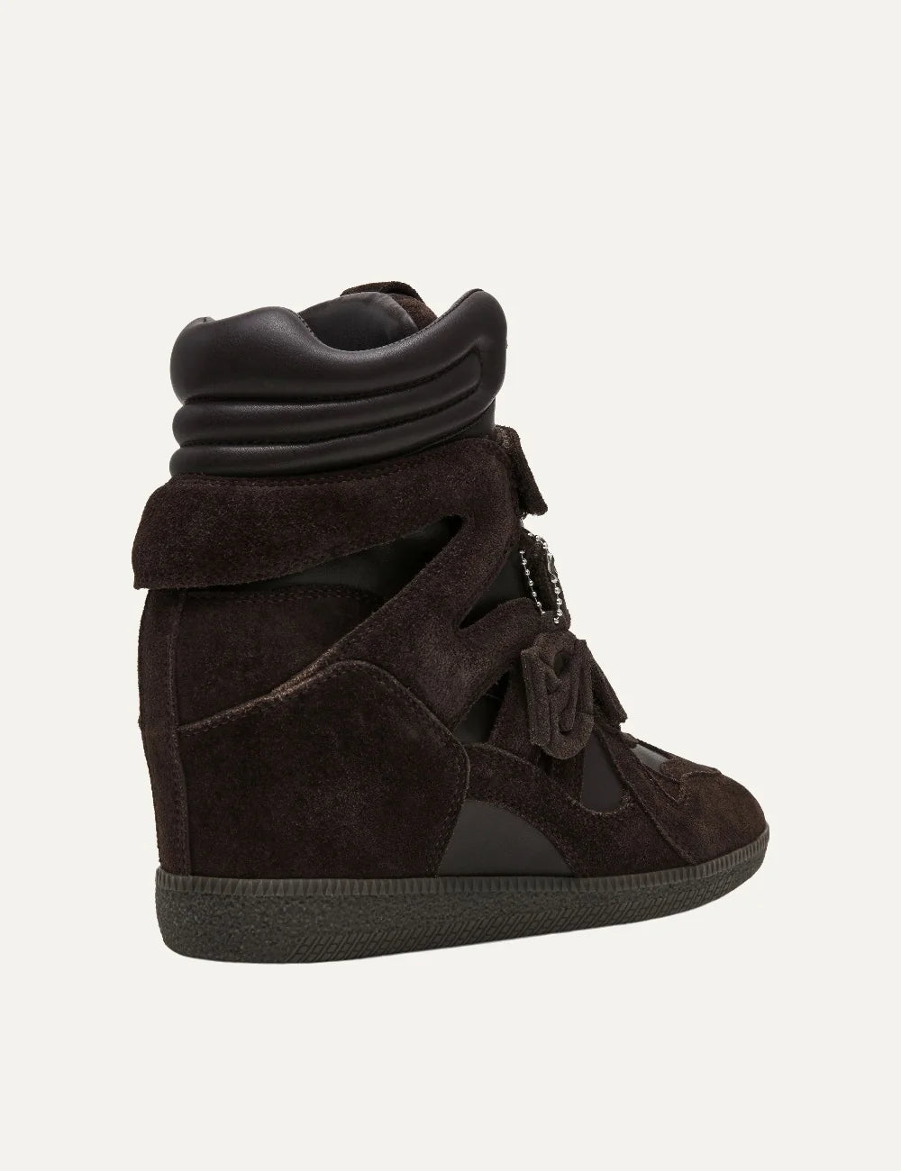 Steve Madden Mavis women's brown suede high-top wedge sneakers featuring three hook-and-loop straps, padded ankle collar, cutout suede overlays, dangling logo charm, concealed 2.5 cm wedge and textured rubber outsole, back angle view