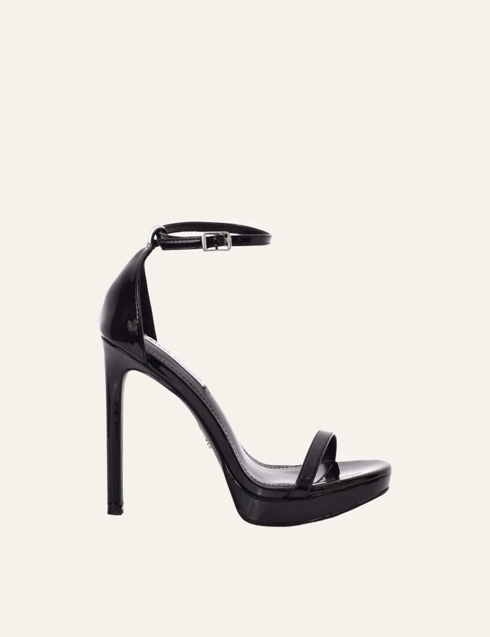 Steve Madden Milano women's black patent faux leather platform sandals with open toe, single front strap, adjustable ankle buckle and 11 cm stiletto heel, side view.