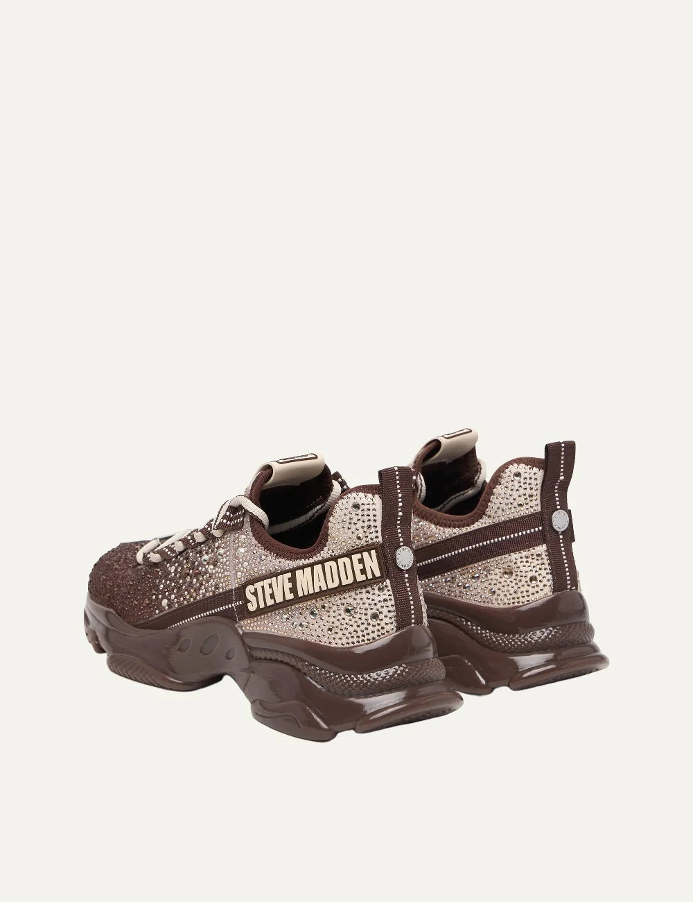 Steve Madden Mistica women's chunky sneakers in brown and taupe, embellished with sparkling rhinestones, featuring a gradient textile upper, beige and brown laces, oversized Steve Madden side logo and glossy brown sculpted sole,  back view