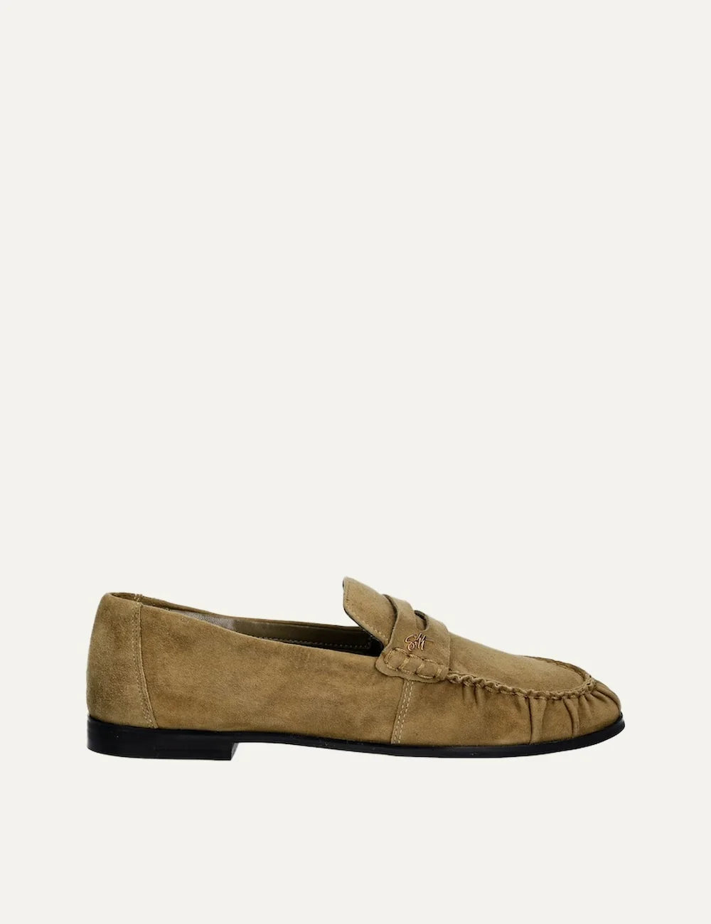 Steve Madden Muse-SM women's khaki green suede loafers with embroidered logo penny strap, gathered stitching around rounded toe and flat black rubber sole, side view.