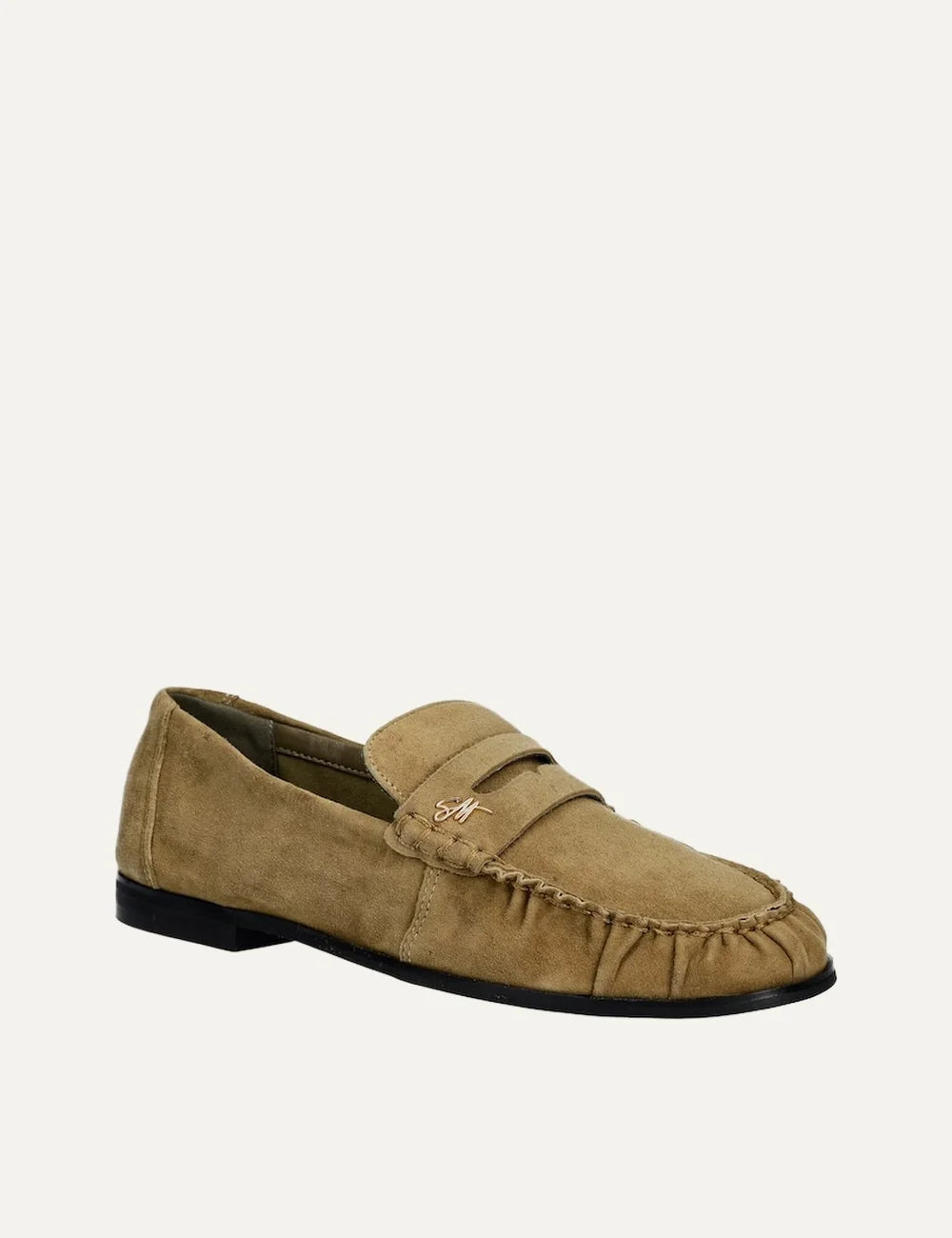 Steve Madden Muse-SM women's khaki green suede loafers with embroidered logo penny strap, gathered stitching around rounded toe and flat black rubber sole, front angle view