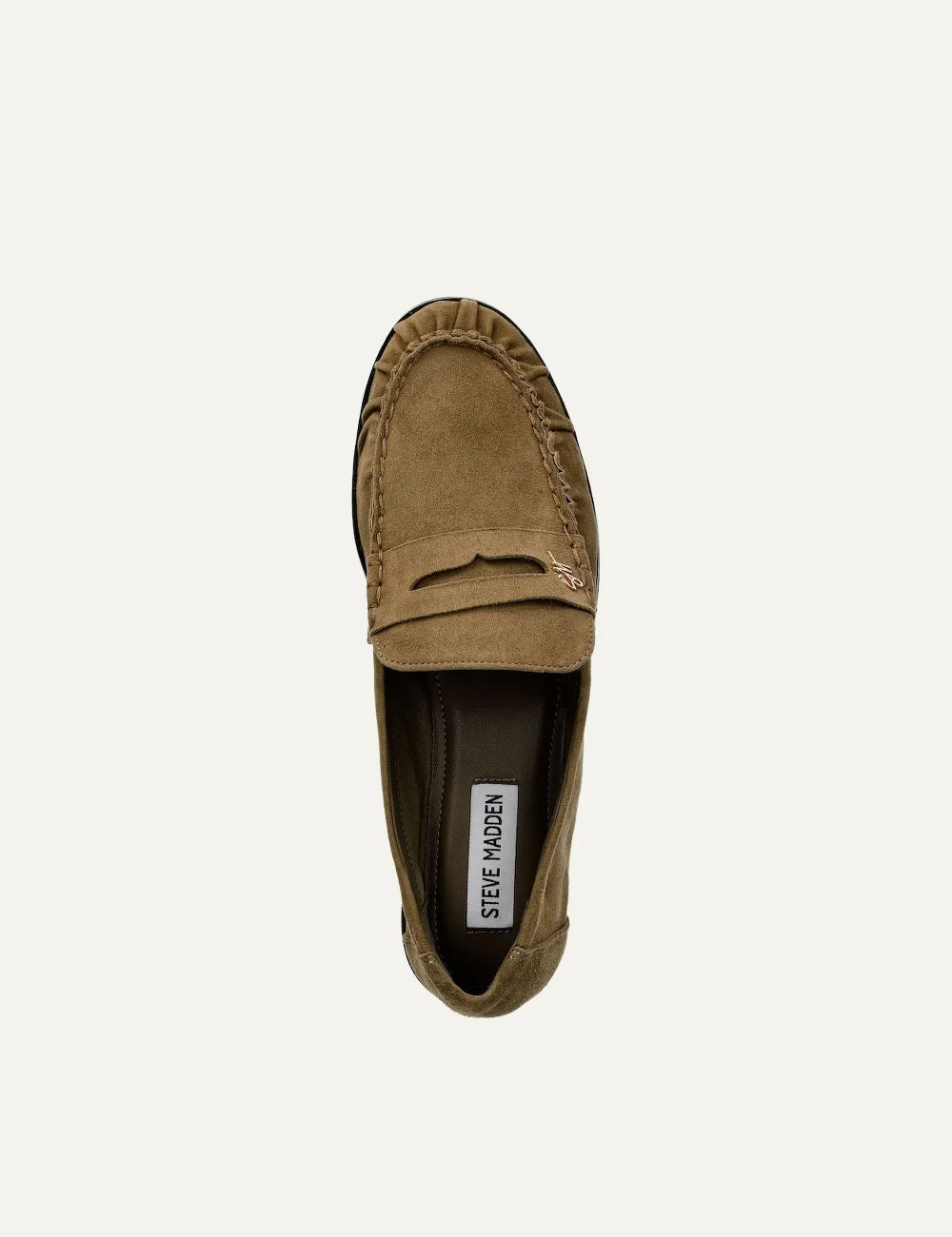 Steve Madden Muse-SM women's khaki green suede loafers with embroidered logo penny strap, gathered stitching around rounded toe and flat black rubber sole, top view