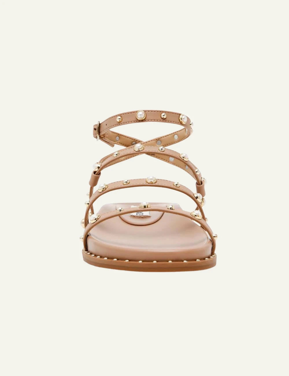 steve madden strappy flat sandals nude pearl studs ankle strap front view