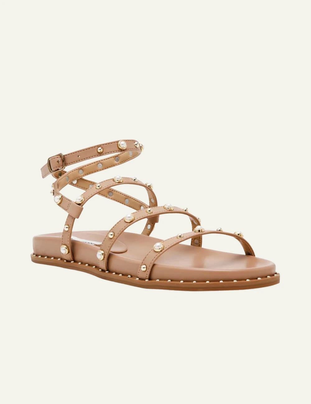 steve madden strappy flat sandals nude pearl studs ankle strap angled view