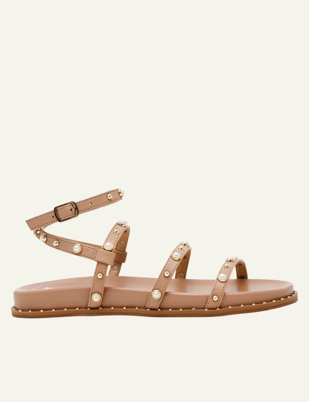 steve madden strappy flat sandals nude pearl studs ankle strap side view