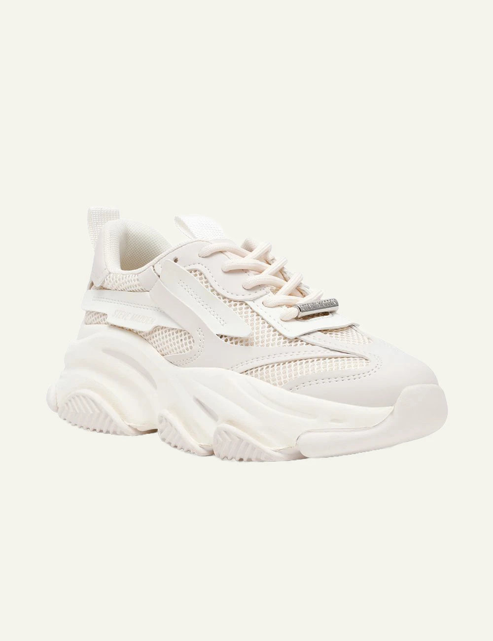 Steve Madden Possession-E sneaker off white mesh chunky sole angled view