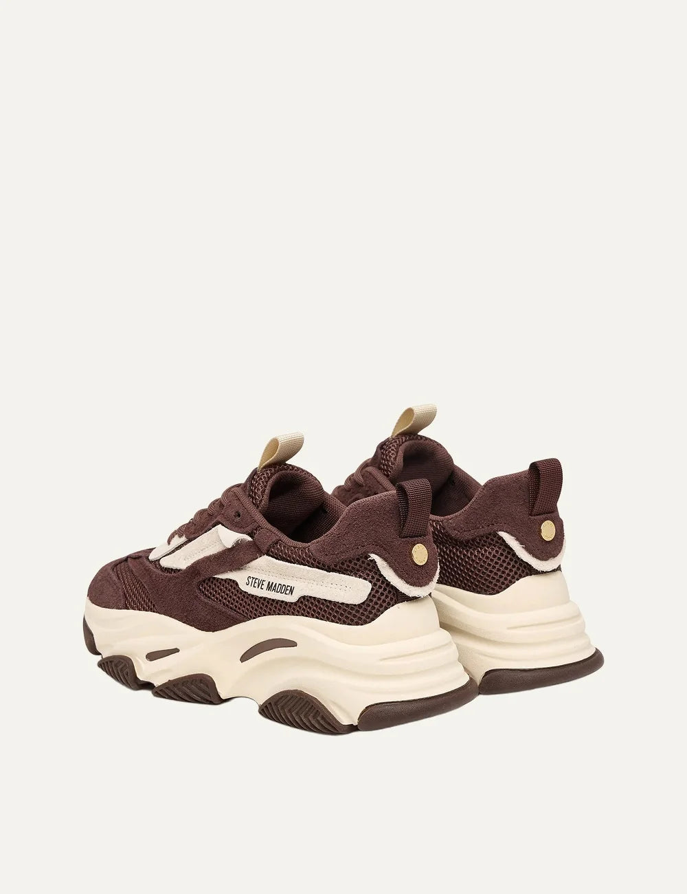 Steve Madden Possession-E women's chunky sneakers in brown and off-white, featuring suede-effect overlays, brown mesh panels, off-white side accents, lace-up fastening, Steve Madden side logo and oversized cream sculpted sole, back view