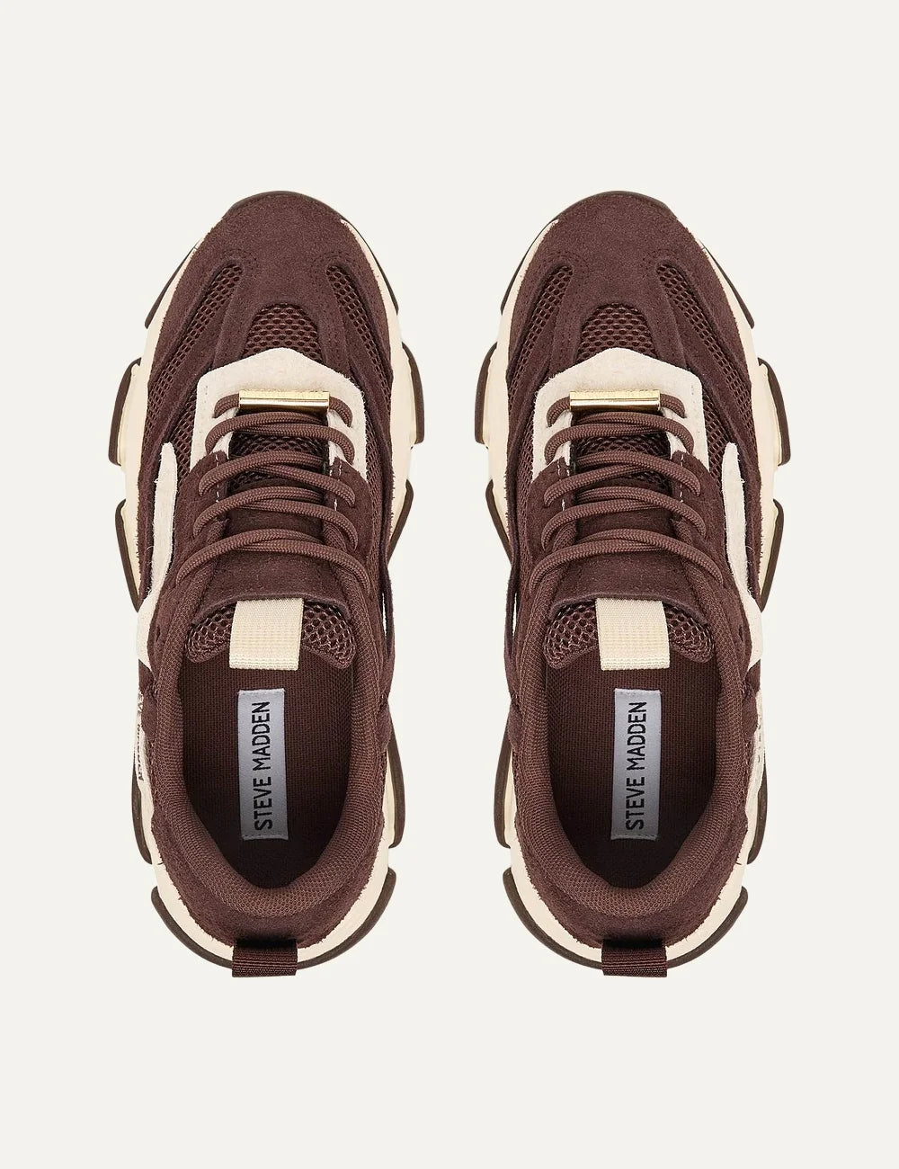 Steve Madden Possession-E women's chunky sneakers in brown and off-white, featuring suede-effect overlays, brown mesh panels, off-white side accents, lace-up fastening, Steve Madden side logo and oversized cream sculpted sole,  top view