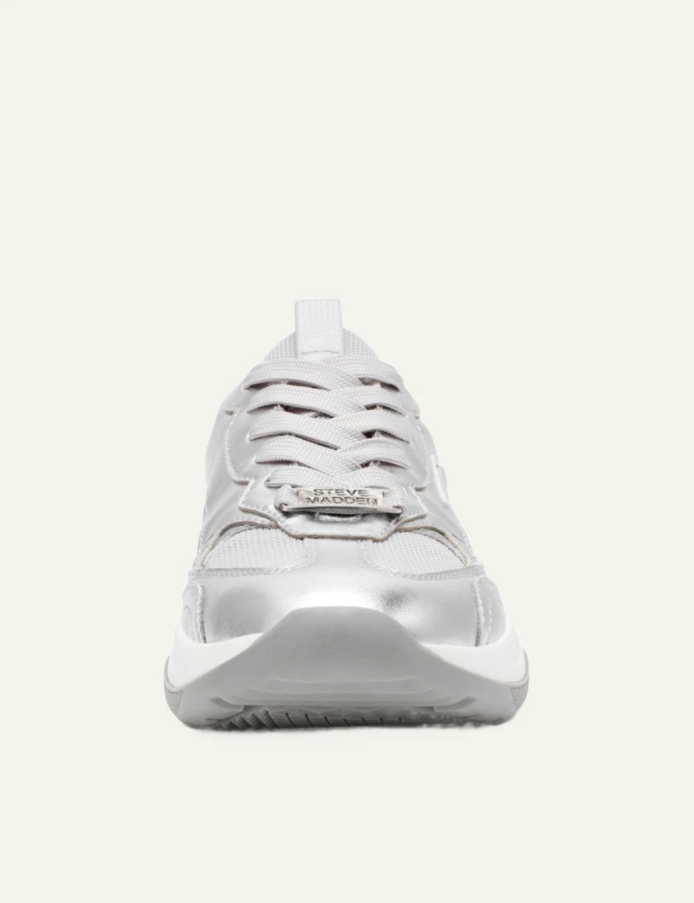 steve madden premio silver sneakers front view