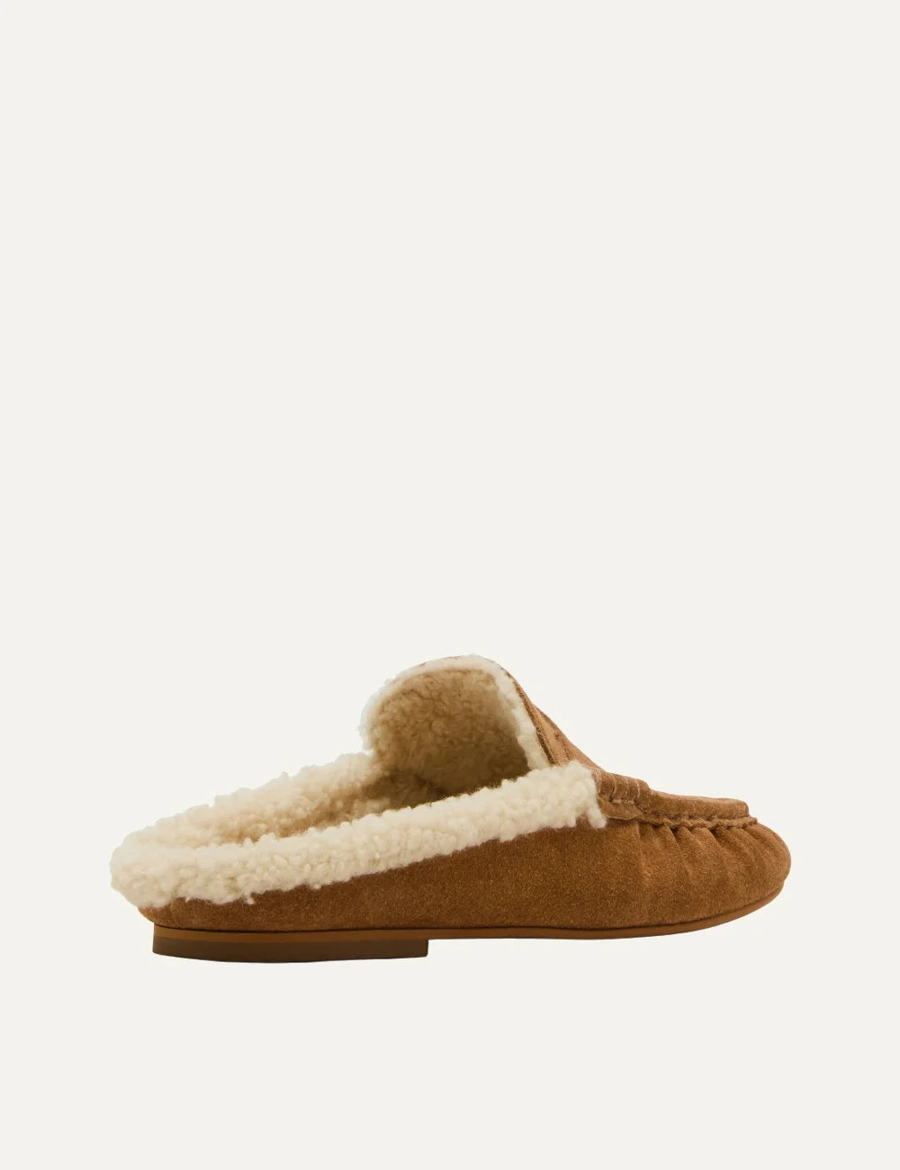 Steve Madden Rafe-F women's camel suede mule loafers with cream faux fur lining, open back, penny strap detail, gathered moccasin toe stitching and flat sole, back view
