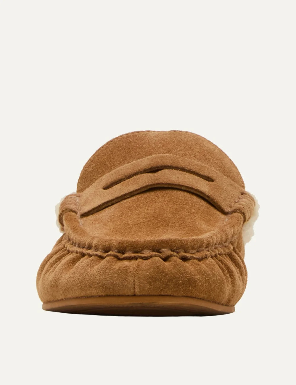 Steve Madden Rafe-F women's camel suede mule loafers with cream faux fur lining, open back, penny strap detail, gathered moccasin toe stitching and flat sole, front view