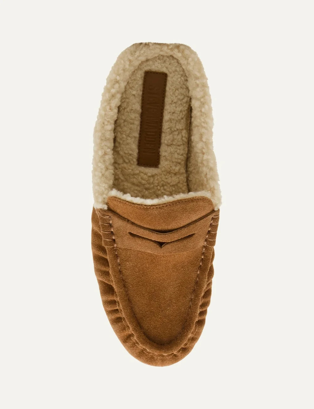 Steve Madden Rafe-F women's camel suede mule loafers with cream faux fur lining, open back, penny strap detail, gathered moccasin toe stitching and flat sole, top view