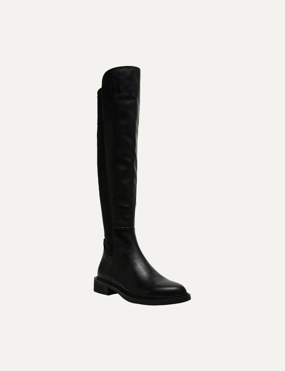 Steve Madden Resonate women's black leather over-the-knee boots with smooth leather front, stretch fabric back panel, rounded toe and 3 cm low block heel, front angle view