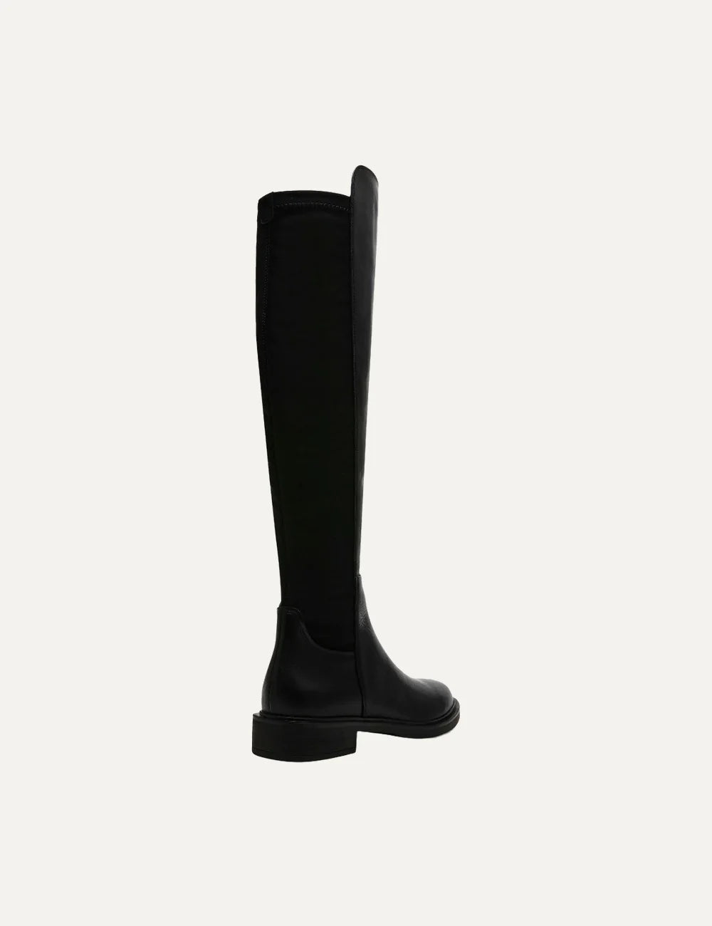 Steve Madden Resonate women's black leather over-the-knee boots with smooth leather front, stretch fabric back panel, rounded toe and 3 cm low block heel,  back view