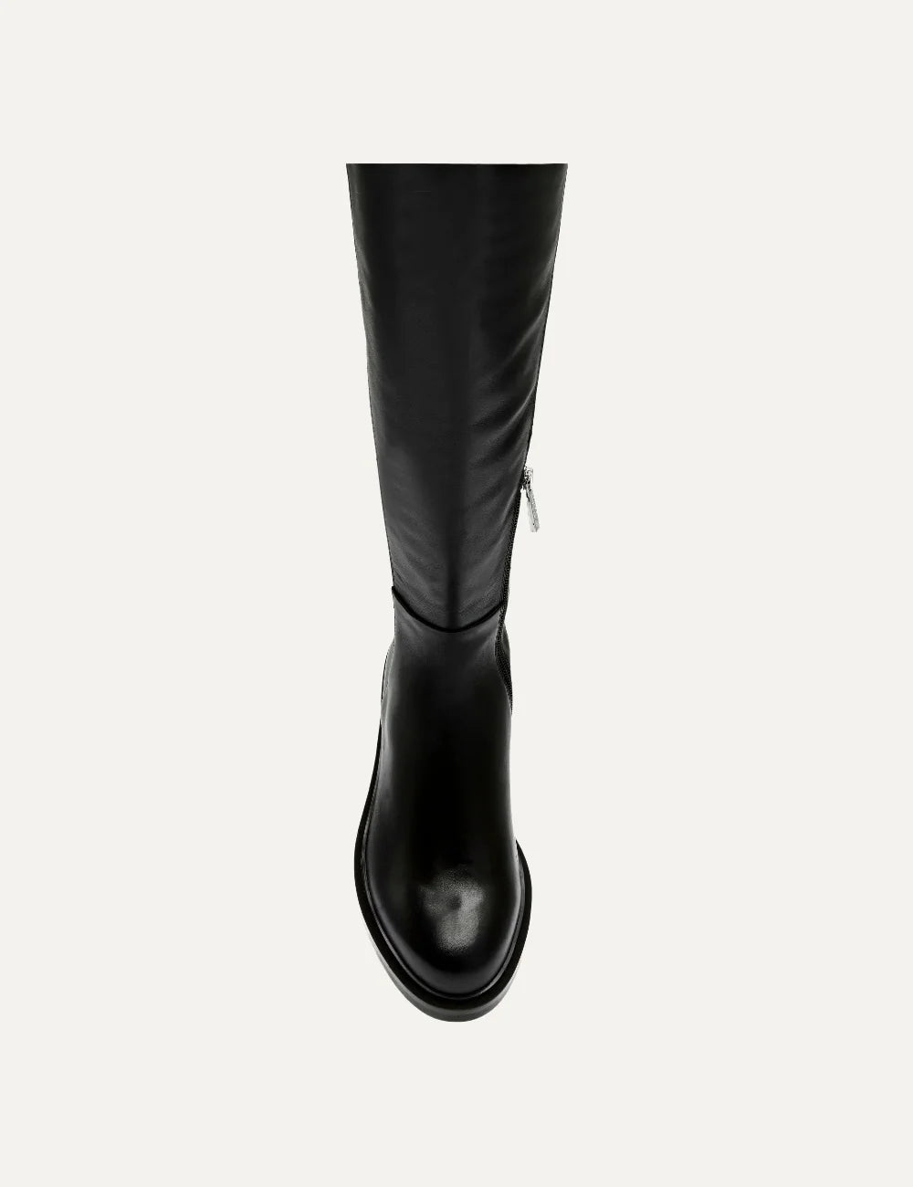 Steve Madden Resonate women's black leather over-the-knee boots with smooth leather front, stretch fabric back panel, rounded toe and 3 cm low block heel,top view