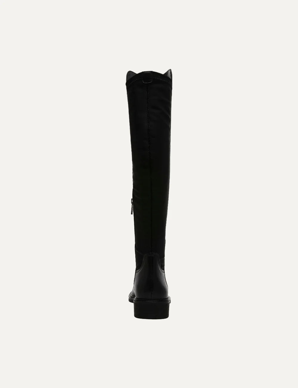 Steve Madden Resonate women's black leather over-the-knee boots with smooth leather front, stretch fabric back panel, rounded toe and 3 cm low block heel,  back view