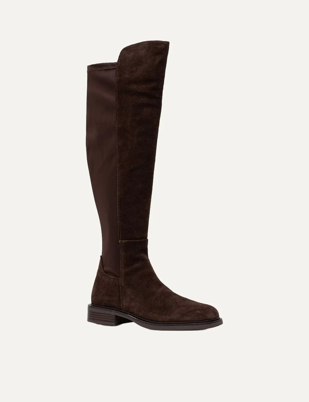 Steve Madden Resonate women's brown suede knee high boots with stretch back panel, rounded toe, low block heel and rubber sole, front angle view