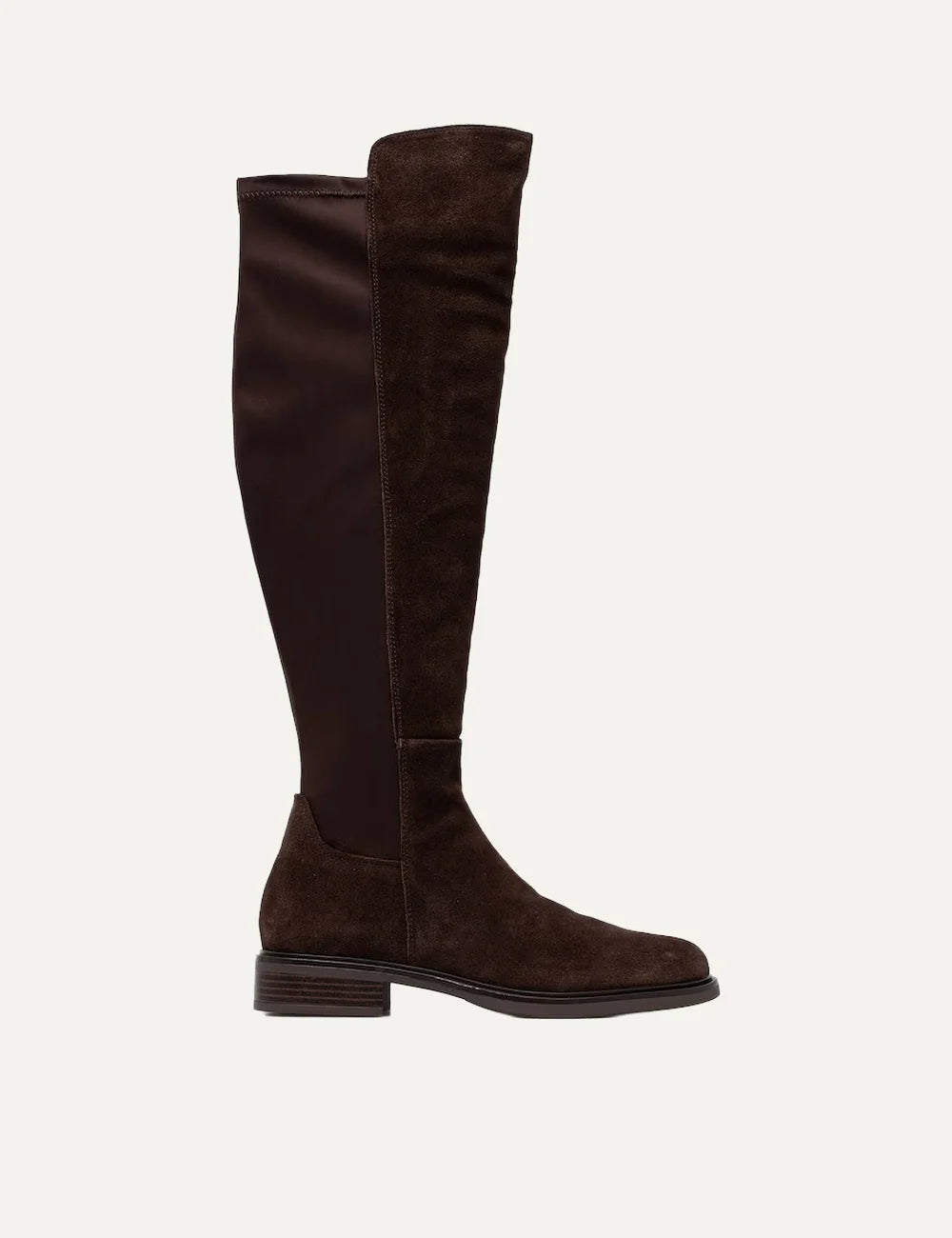 Steve Madden Resonate women's brown suede knee high boots with stretch back panel, rounded toe, low block heel and rubber sole, side view.