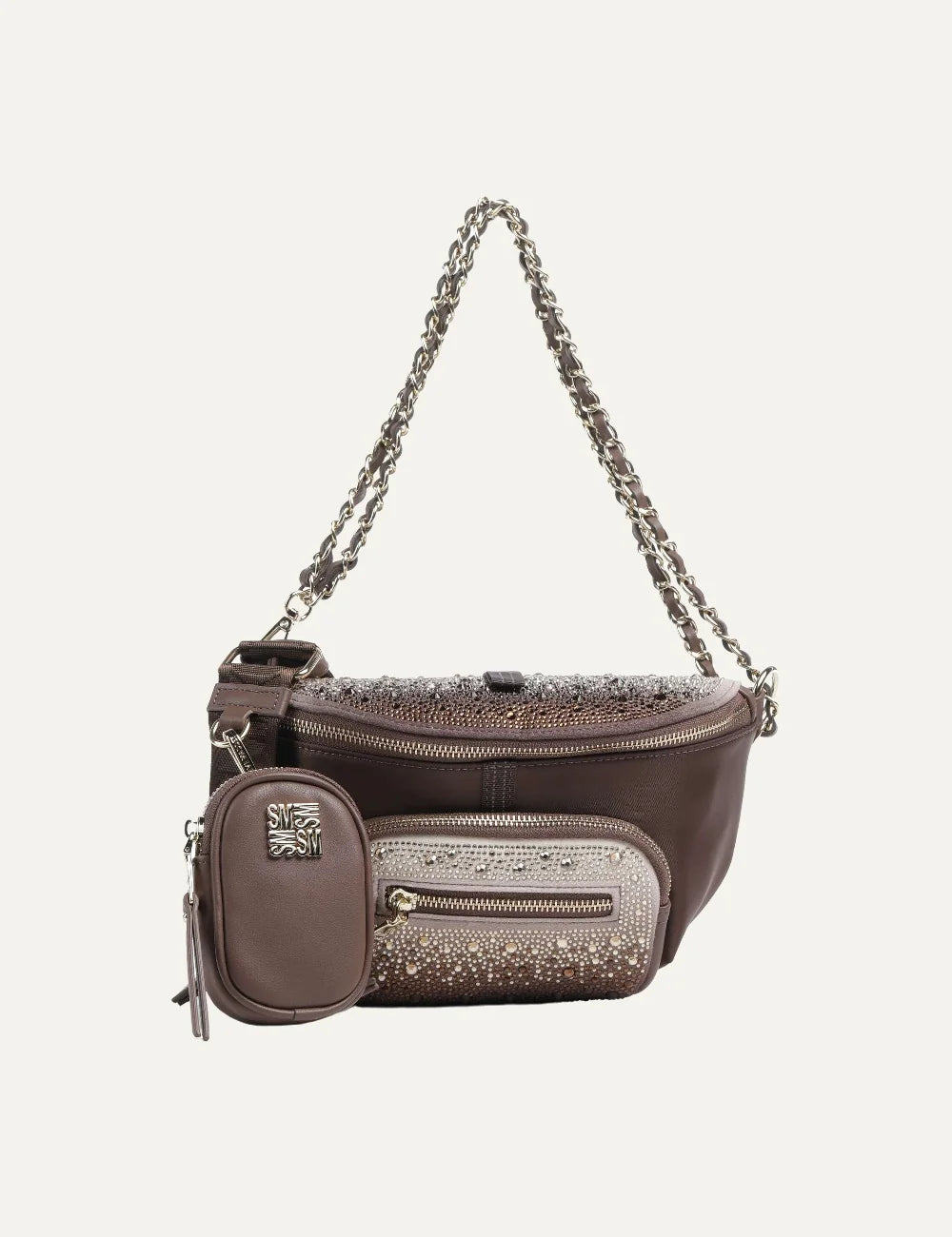 Steve Madden women's saddle brown polyester shoulder bag with rhinestone embellishments, gold tone chain strap, front zip pocket, detachable mini pouch and adjustable shoulder strap, front view.