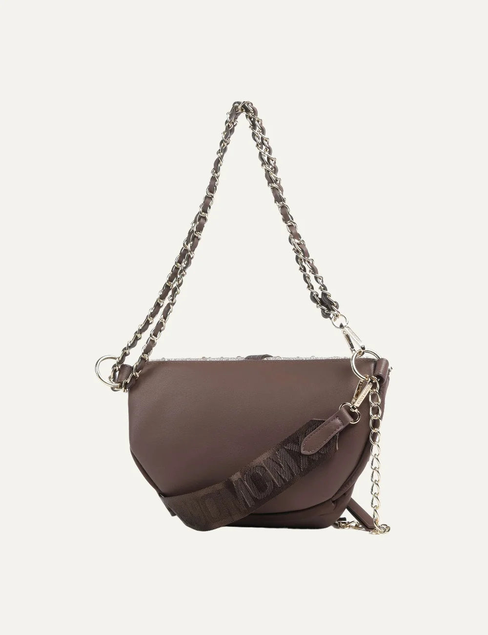 Steve Madden women's saddle brown polyester shoulder bag with rhinestone embellishments, gold tone chain strap, front zip pocket, detachable mini pouch and adjustable shoulder strap,  back view
