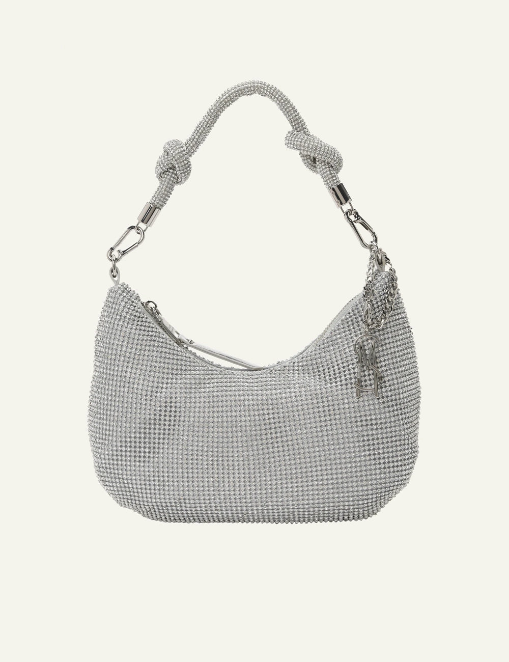 steve madden rhinestone shoulder bag silver crystal knot handle front view