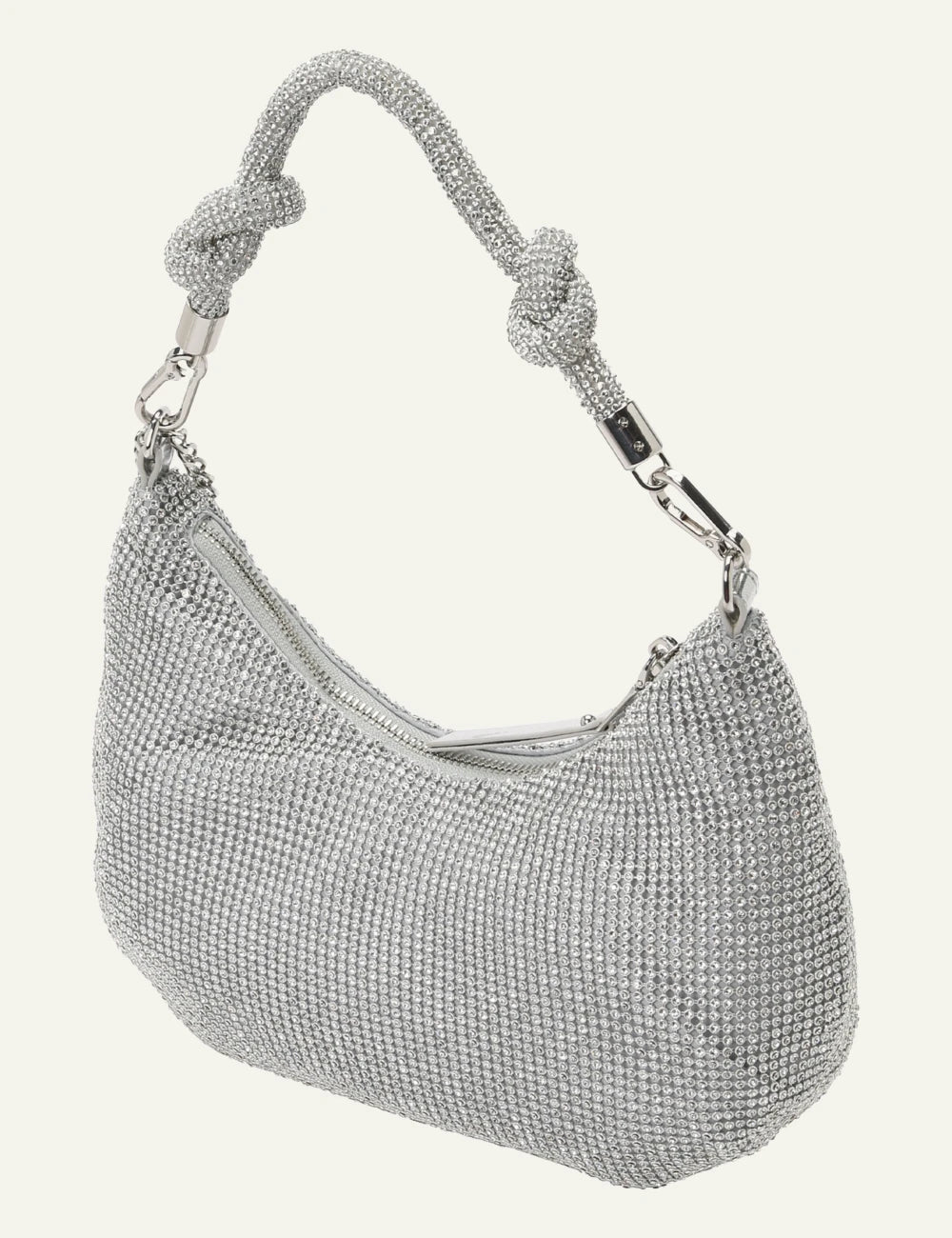 steve madden rhinestone shoulder bag silver crystal knot handle side view