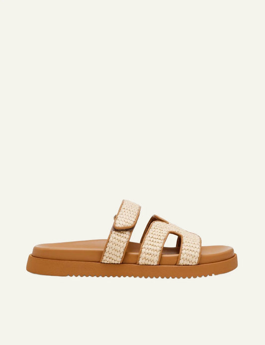 Steve Madden slide sandal beige woven straps velcro flat side view