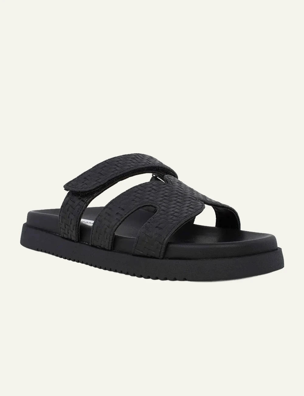 Steve Madden slide sandal black woven straps velcro casual flat angled view