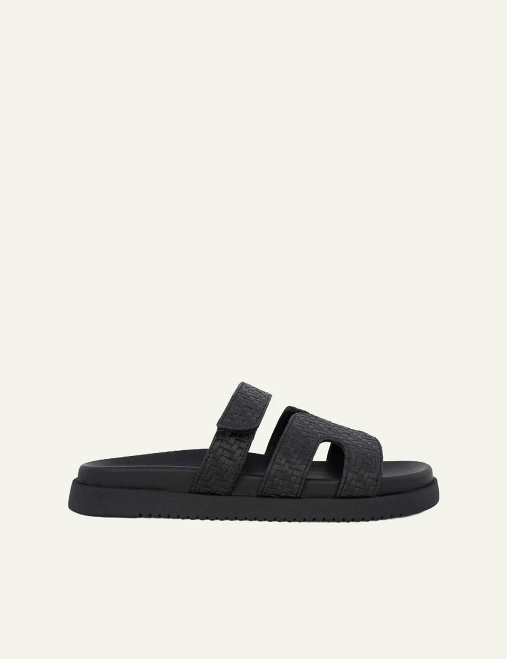 Steve Madden slide sandal black woven straps velcro casual flat side view
