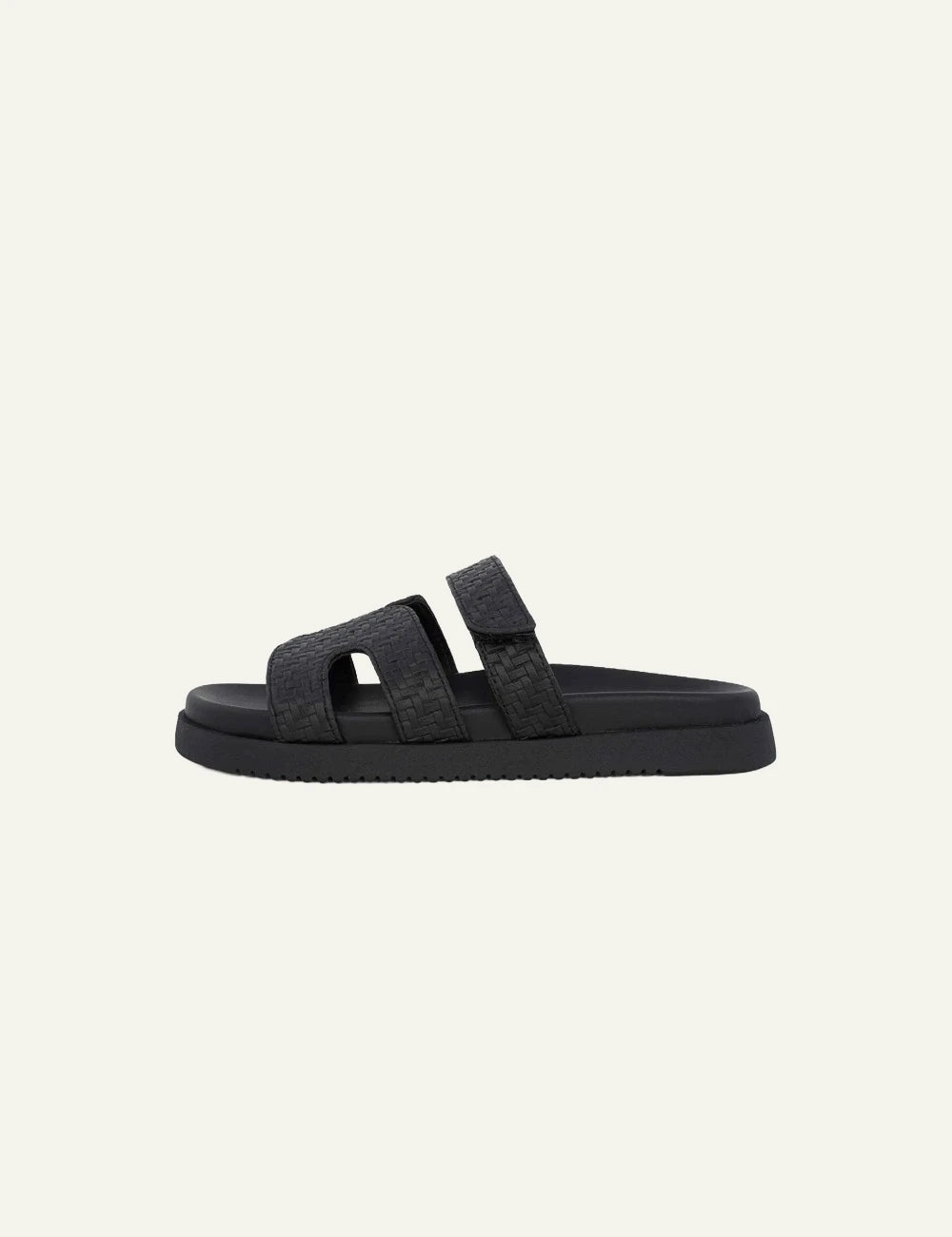Steve Madden slide sandal black woven straps velcro casual profile view