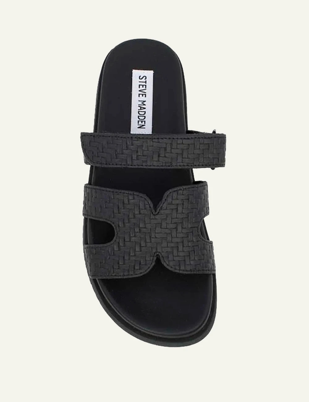 Steve Madden slide sandal black woven straps velcro casual flat top view