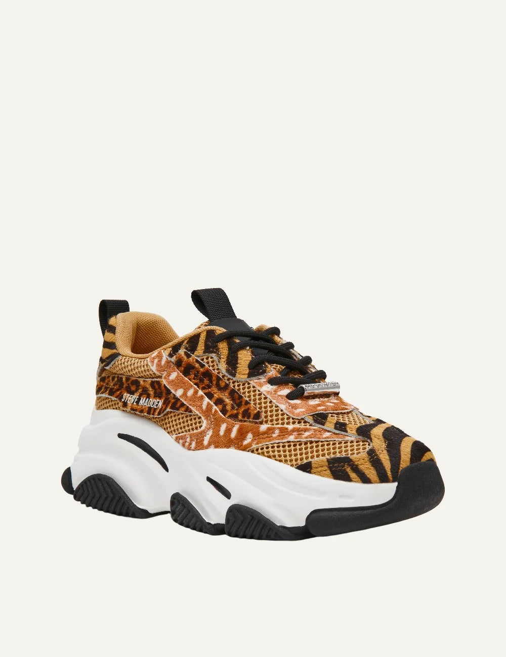 Steve Madden women's chunky sneakers in multicolor animal print with leopard, tiger and deer patterns, breathable mesh panels, black laces, white platform sole and black rubber accents, front angle view