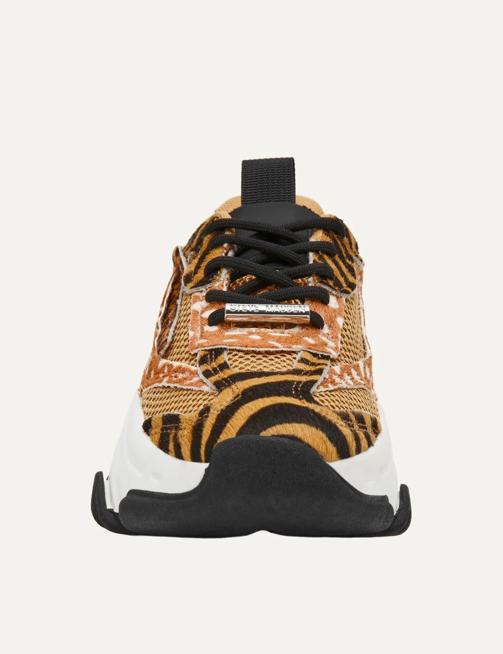 Steve Madden women's chunky sneakers in multicolor animal print with leopard, tiger and deer patterns, breathable mesh panels, black laces, white platform sole and black rubber accents, front view