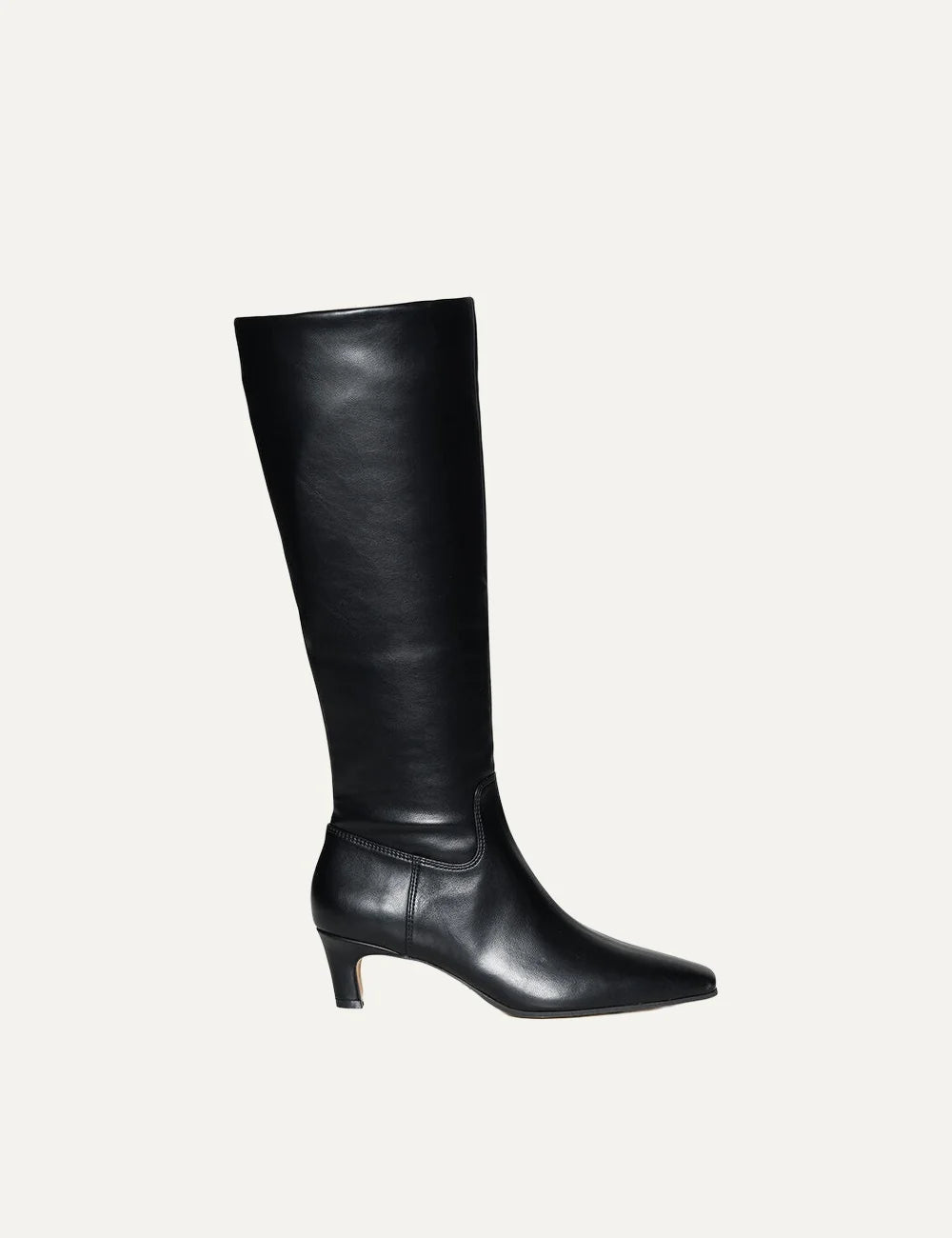 Steve Madden women's black knee-high boots with smooth faux leather finish, pointed toe, 5 cm low heel and zipper closure, side view.