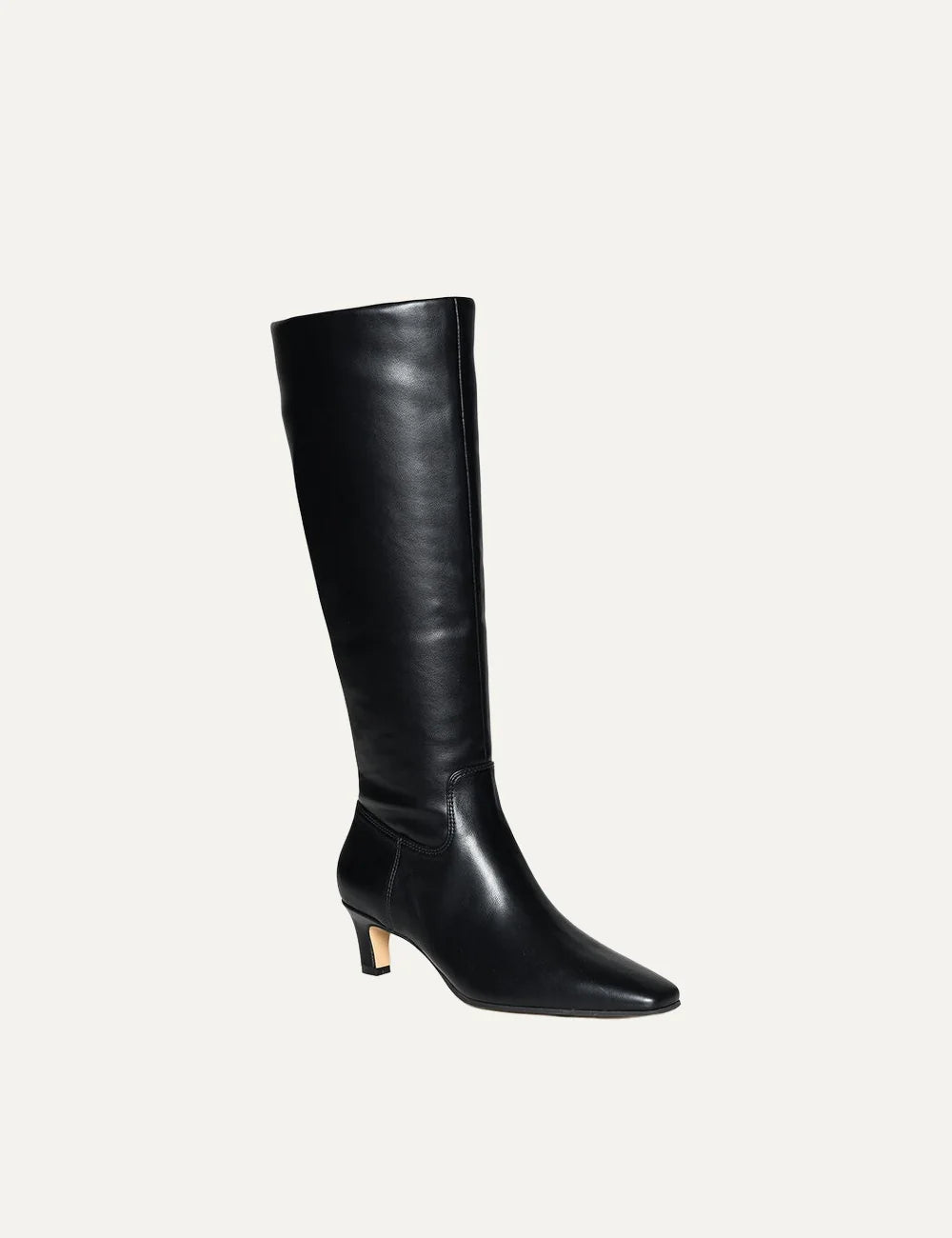 Steve Madden women's black knee-high boots with smooth faux leather finish, pointed toe, 5 cm low heel and zipper closure,  front angle view