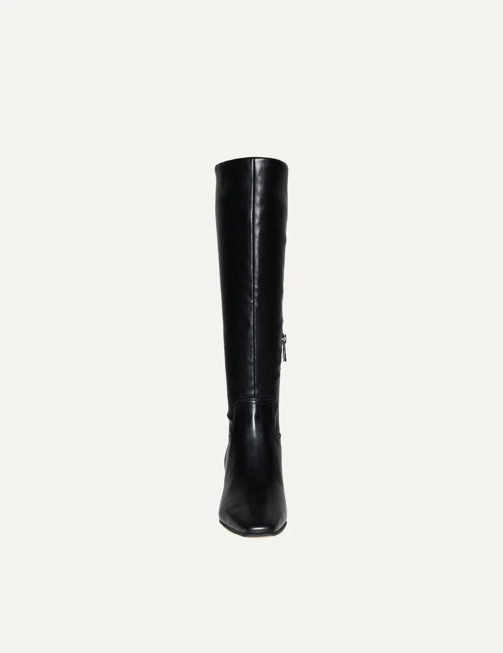 Steve Madden women's black knee-high boots with smooth faux leather finish, pointed toe, 5 cm low heel and zipper closure,  front view