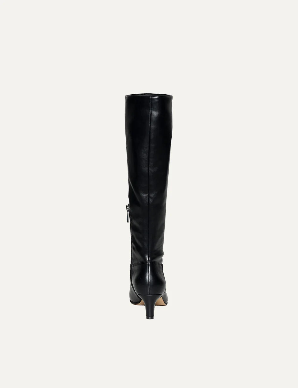 Steve Madden women's black knee-high boots with smooth faux leather finish, pointed toe, 5 cm low heel and zipper closure,  back view