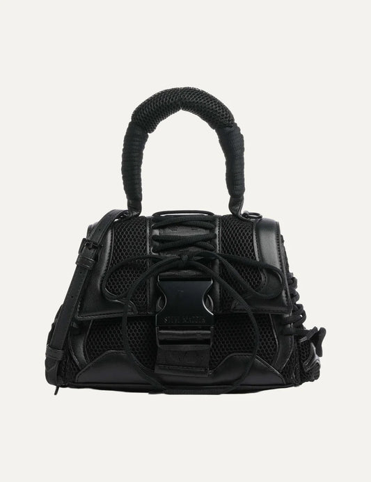 Steve Madden women's black mixed-material handbag with mesh panels, faux leather details, lace-up front, buckle closure, padded top handle and detachable shoulder strap, product shot