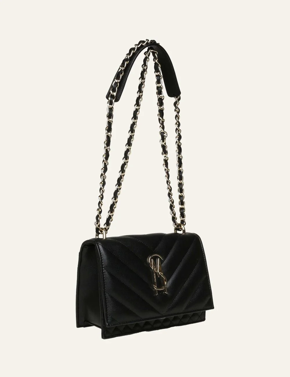 Steve Madden women's black quilted flap shoulder bag with chevron stitching, gold tone metal logo and double gold chain strap interwoven with black material, side view