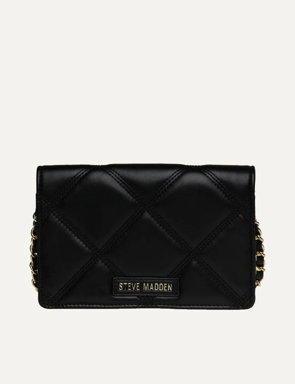 Steve Madden women's black quilted crossbody bag with diamond stitching, gold tone SM logo on front flap, and gold chain strap with woven black detailing, back view