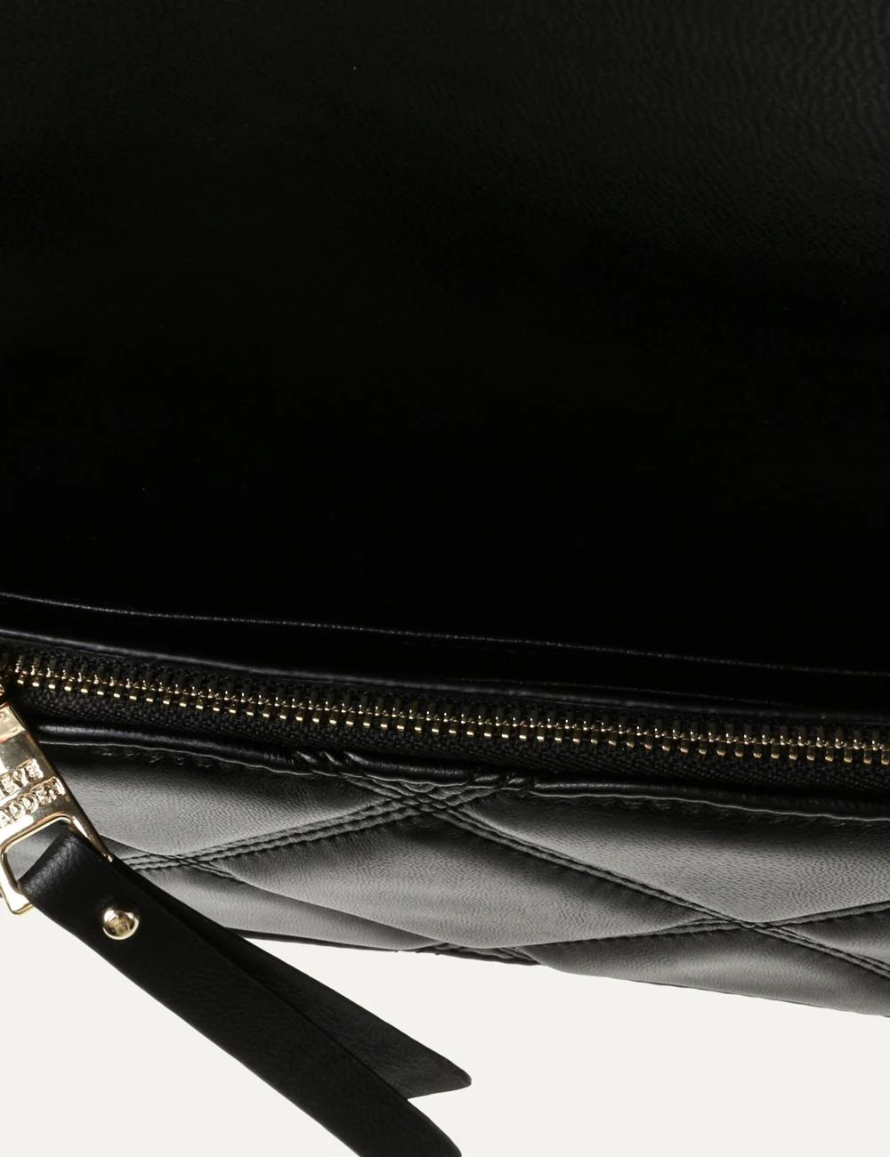 Steve Madden women's black quilted crossbody bag with diamond stitching, gold tone SM logo on front flap, and gold chain strap with woven black detailing,  interior view