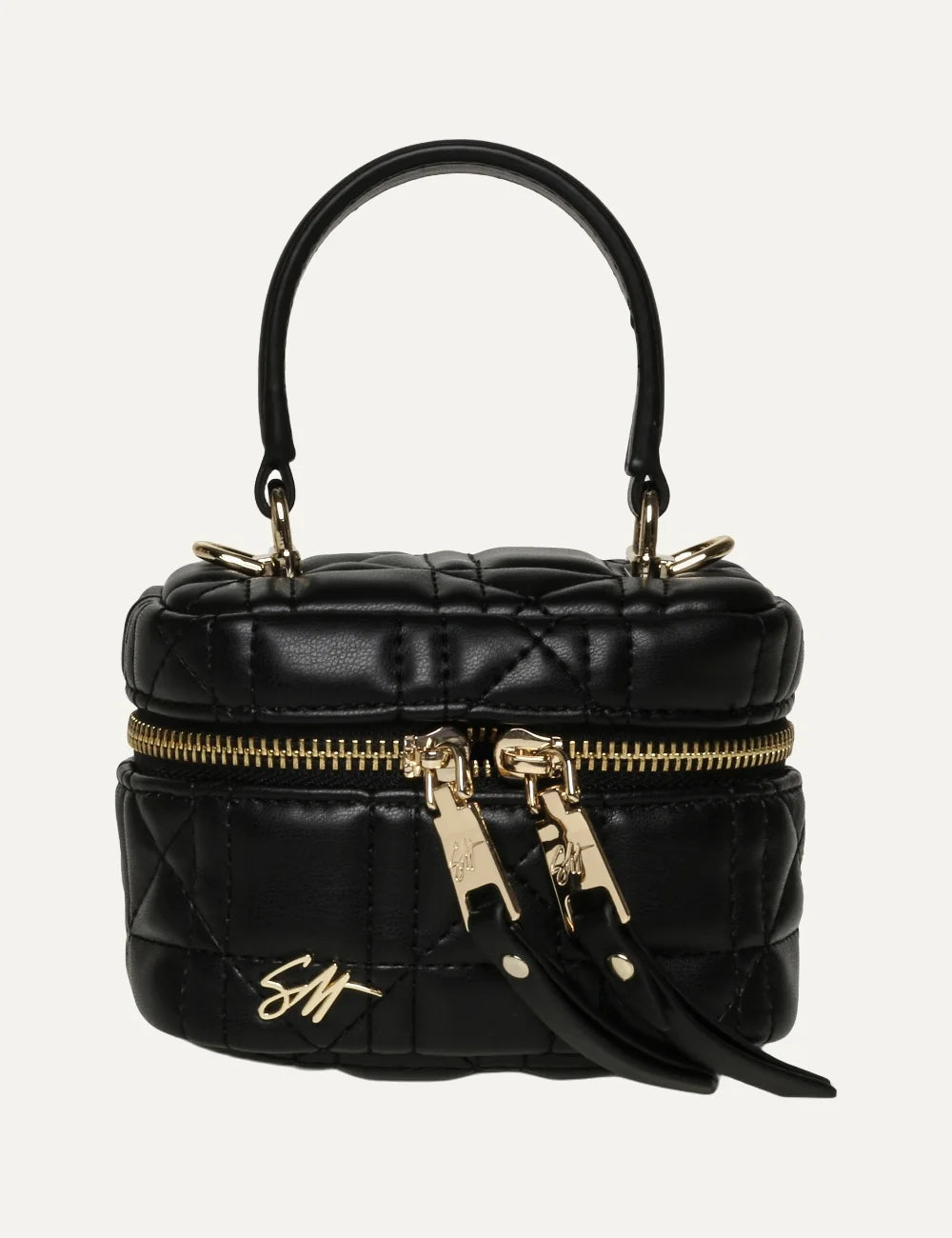 Steve Madden women's mini black quilted synthetic leather handbag with top handle, gold tone double zip closure, elongated zipper pulls and gold SM logo on the front, front view