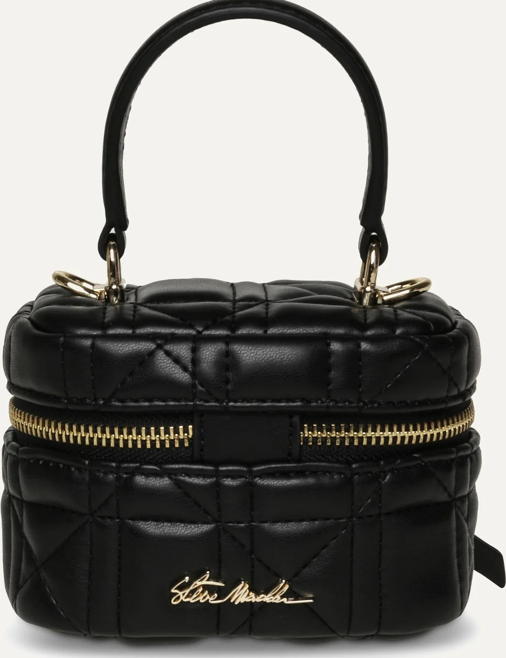 Steve Madden women's mini black quilted synthetic leather handbag with top handle, gold tone double zip closure, elongated zipper pulls and gold SM logo on the front, back view