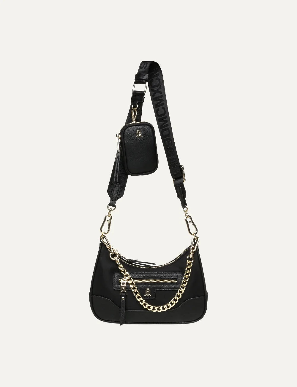 Steve Madden women's black synthetic shoulder bag with gold tone chain detail, front zip pocket, adjustable logo webbing strap and detachable mini zip pouch, front view.