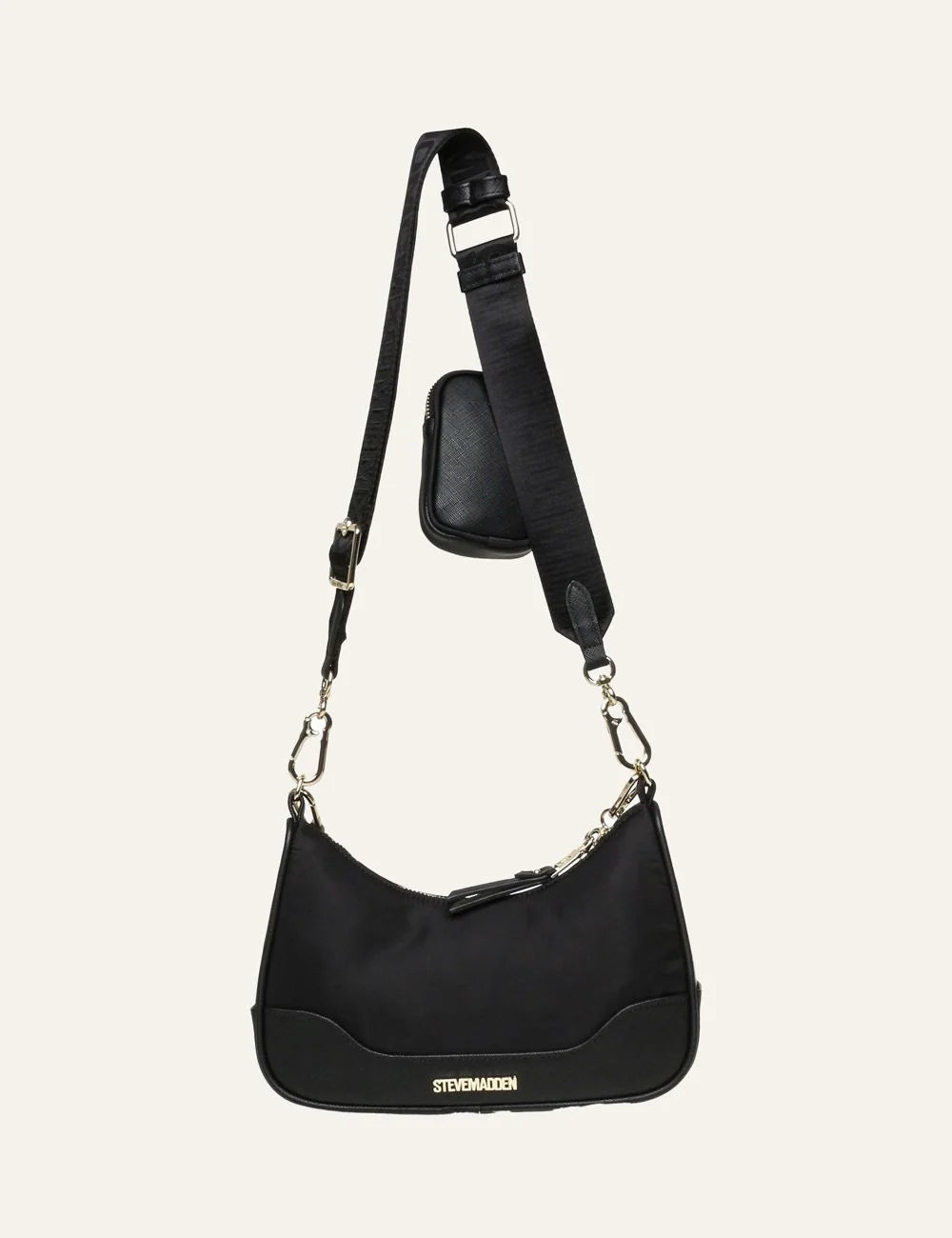 Steve Madden women's black synthetic shoulder bag with gold tone chain detail, front zip pocket, adjustable logo webbing strap and detachable mini zip pouch,  back view