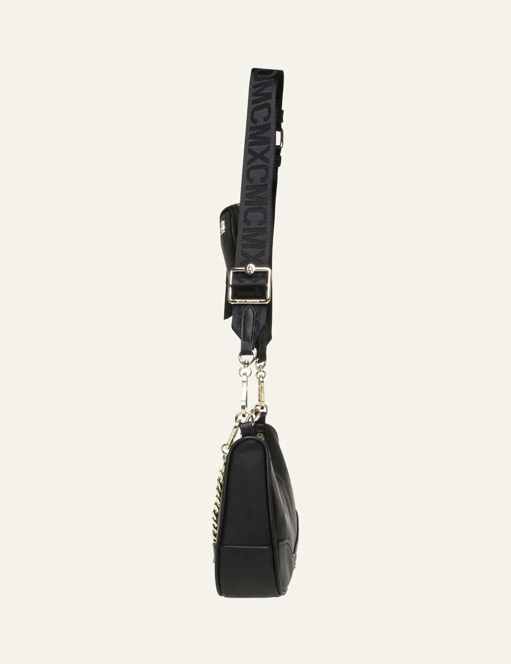 Steve Madden women's black synthetic shoulder bag with gold tone chain detail, front zip pocket, adjustable logo webbing strap and detachable mini zip pouch,  side view