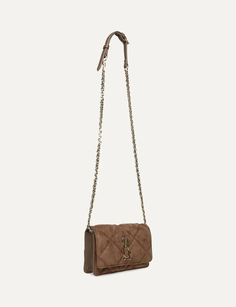 Steve Madden women's brown suede effect fabric bag with diamond quilted stitching, rectangular flap front and gold tone SM monogram logo,  front view with chain