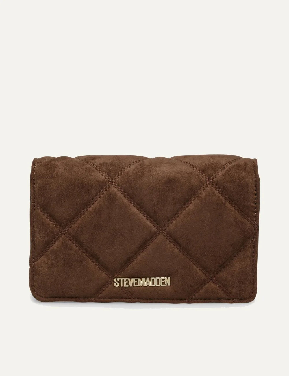 Steve Madden women's brown suede effect fabric bag with diamond quilted stitching, rectangular flap front and gold tone SM monogram logo,  back view