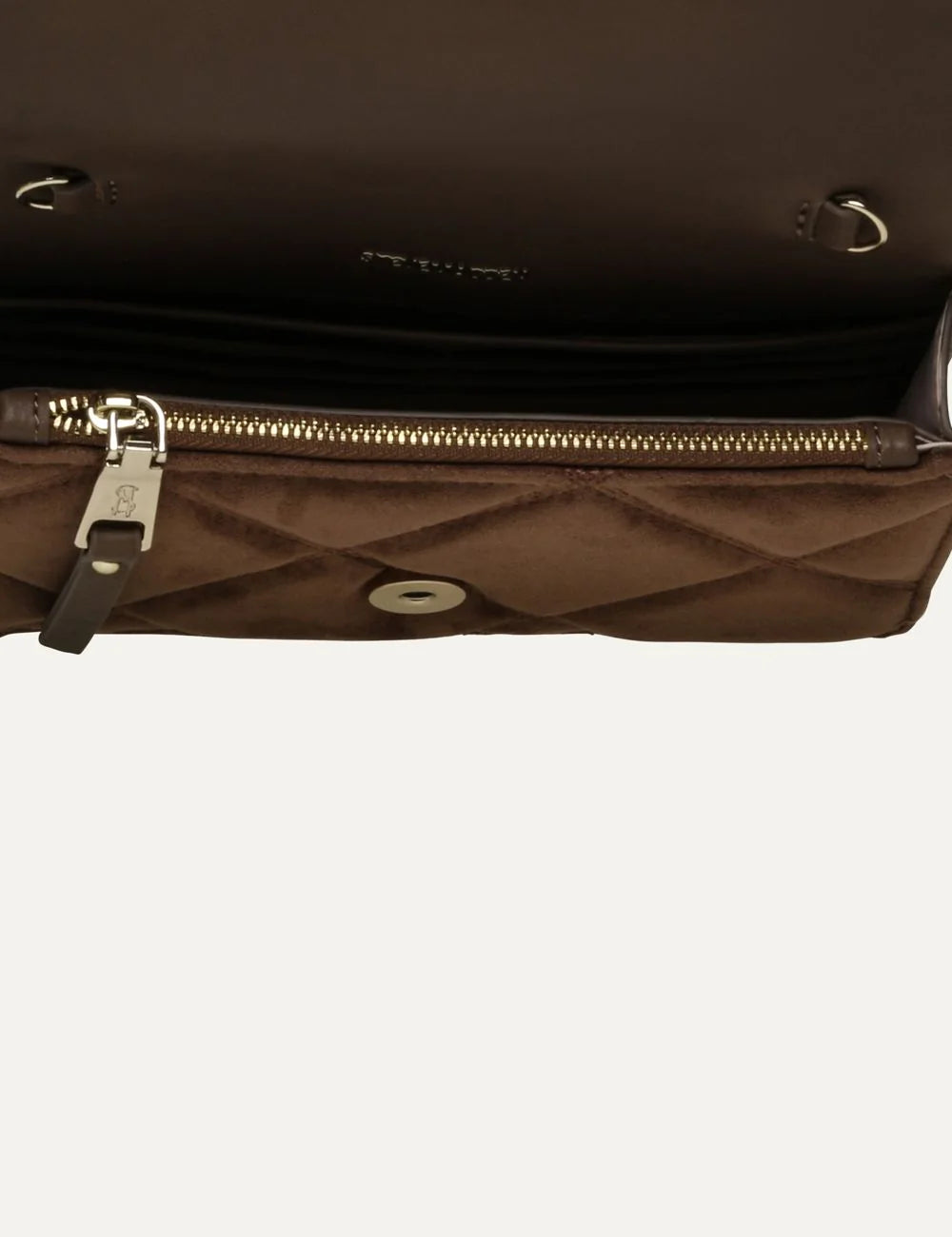 Steve Madden women's brown suede effect fabric bag with diamond quilted stitching, rectangular flap front and gold tone SM monogram logo, interior view